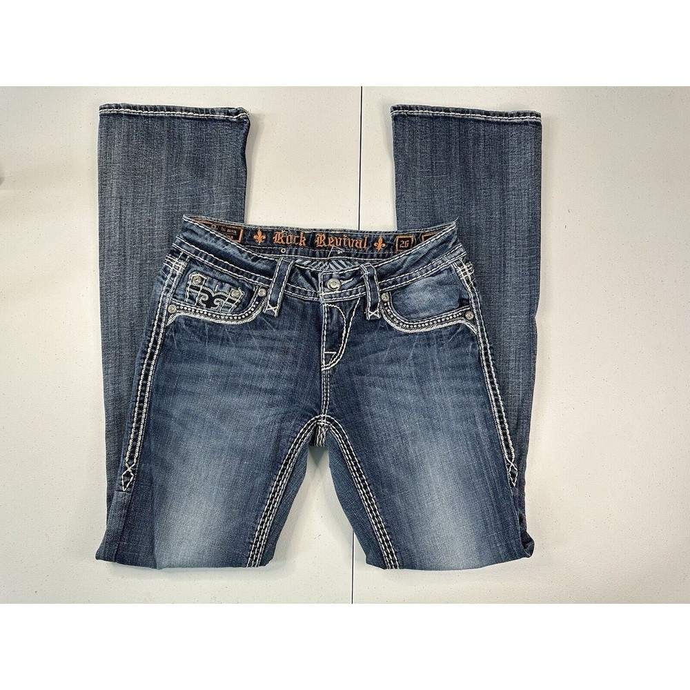 Rock Revival Jeans Kai Boot Cut Thick Stitch Distressed Bling Rhinestones 26